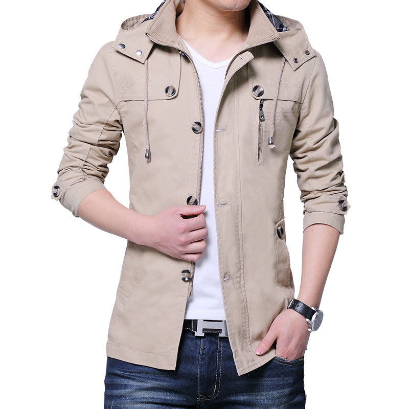 Herren leichte Baumwoll-Fieldjacke mit Kapuze, zweifachem Verschluss und Rollärmel Drune