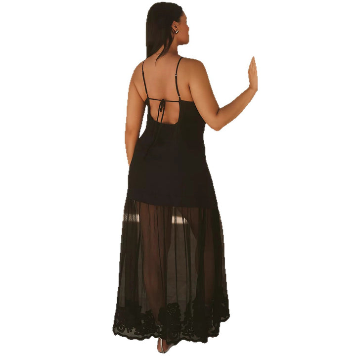 Damen nan zweiteiliges Maxikleid mit V-Ausschnitt, Spaghettiträgern und transparentem Tüllrock Drune