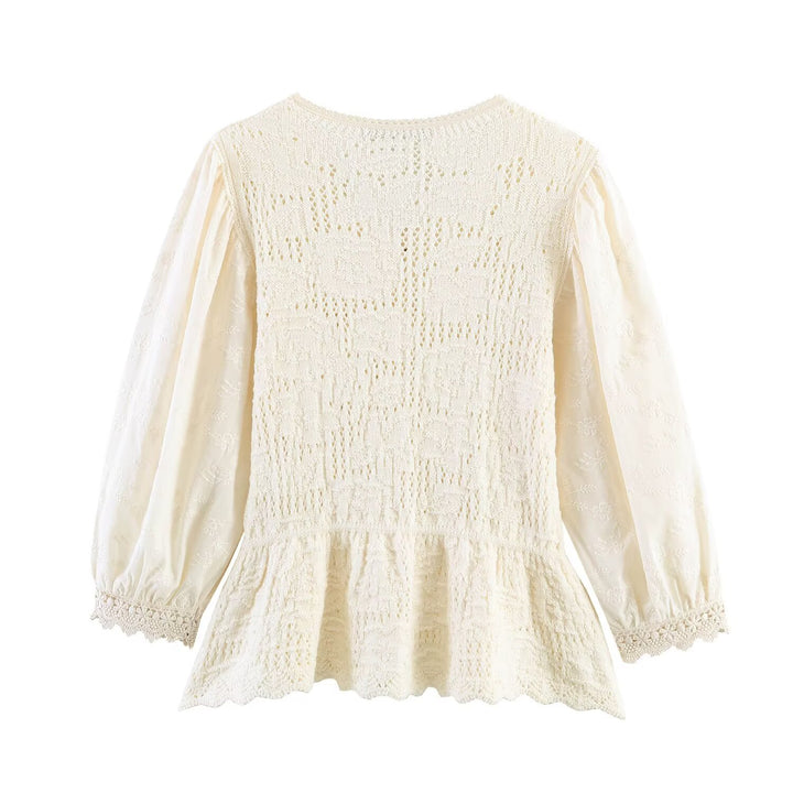 Damen Strickbluse mit Knopfreihe, Spitzenmanschetten und Volant‑Peplum Drune