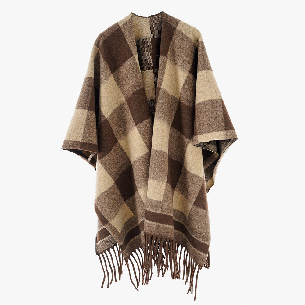 Damen Capeponcho im Plaid-Wickelstil aus Wollmix mit Fransensaum Drune