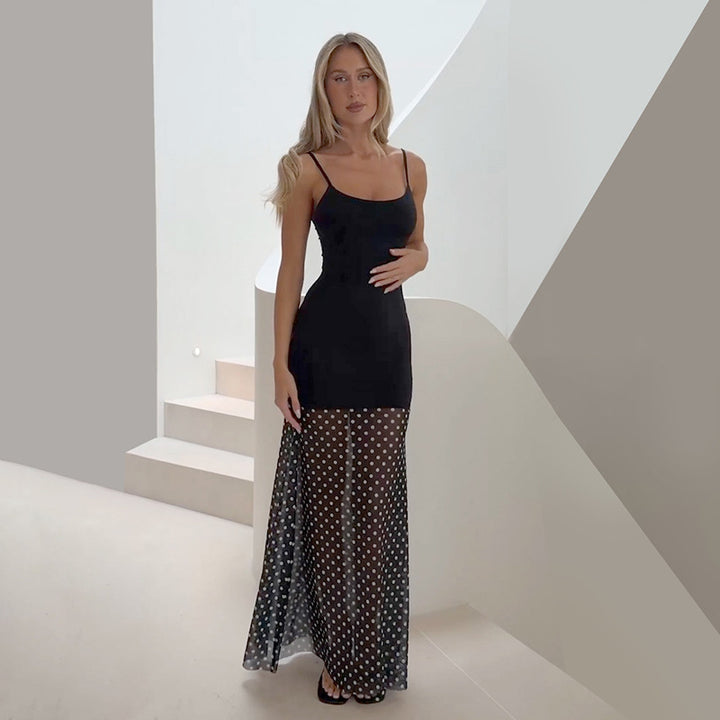 Damen Elegantes Nachtkleid mit transparentem Tüll und Punktmuster Drune