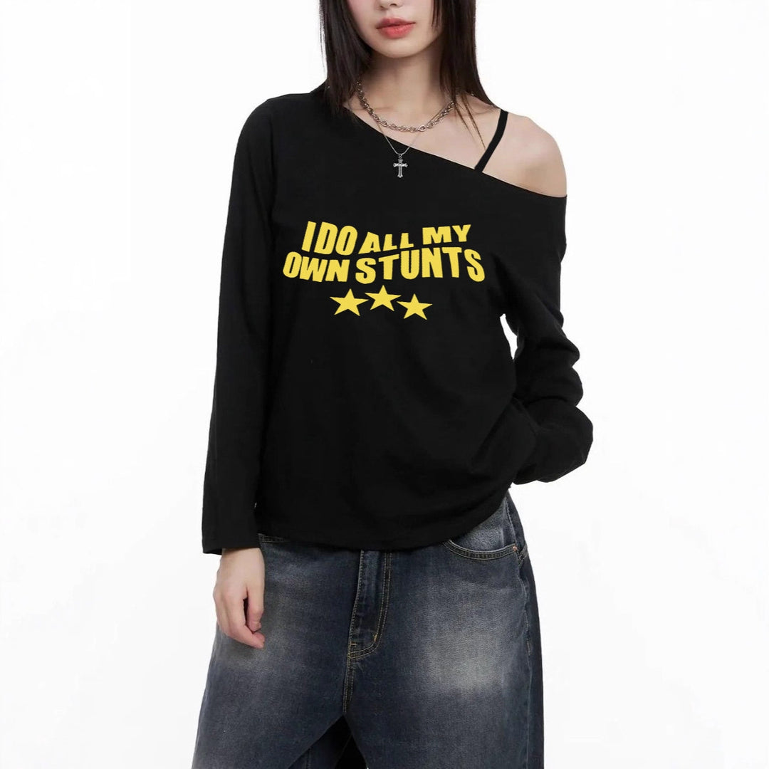 Damen nan lässiges asymmetrisches Off-Shoulder Langarmshirt mit auffälligem Statement-Print und lockerer Oversize-Passform Drune