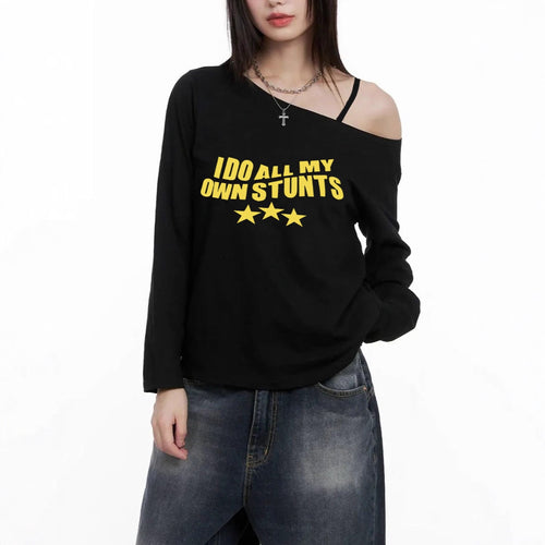 Damen nan lässiges asymmetrisches Off-Shoulder Langarmshirt mit auffälligem Statement-Print und lockerer Oversize-Passform Drune