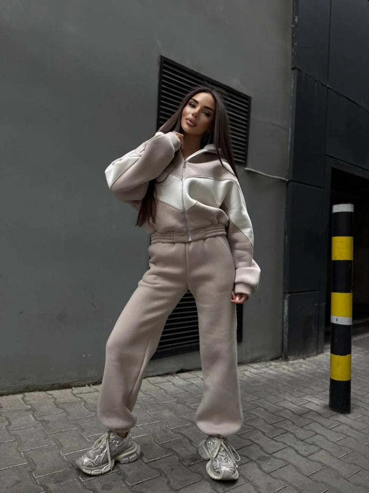Damen Athleisure-Zweiteiler aus schwerem Neopren-Fleece mit geometrischen Teilungsnähten und hoher Taille Drune