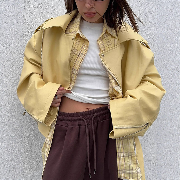 Damen Oversize-Bikerjacke aus veganem Lederimitat mit großem Revers und Taillengürtel Drune