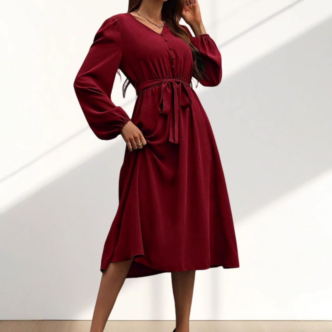 Damen Midikleid mit Taillengürtel und Knopfdetails Drune