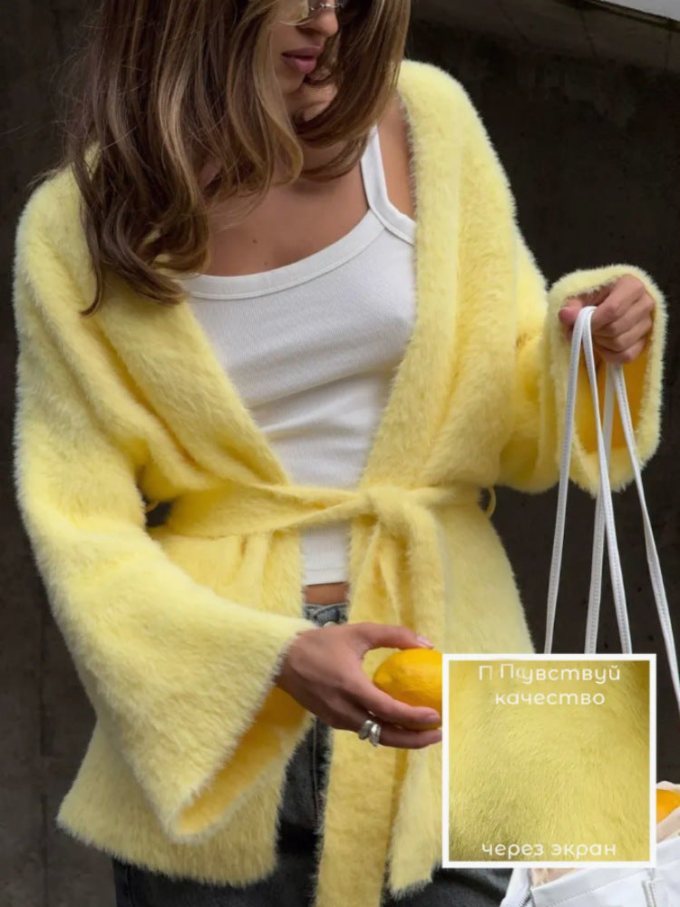 Damen Flauschige Strickjacke mit Gürtel Drune