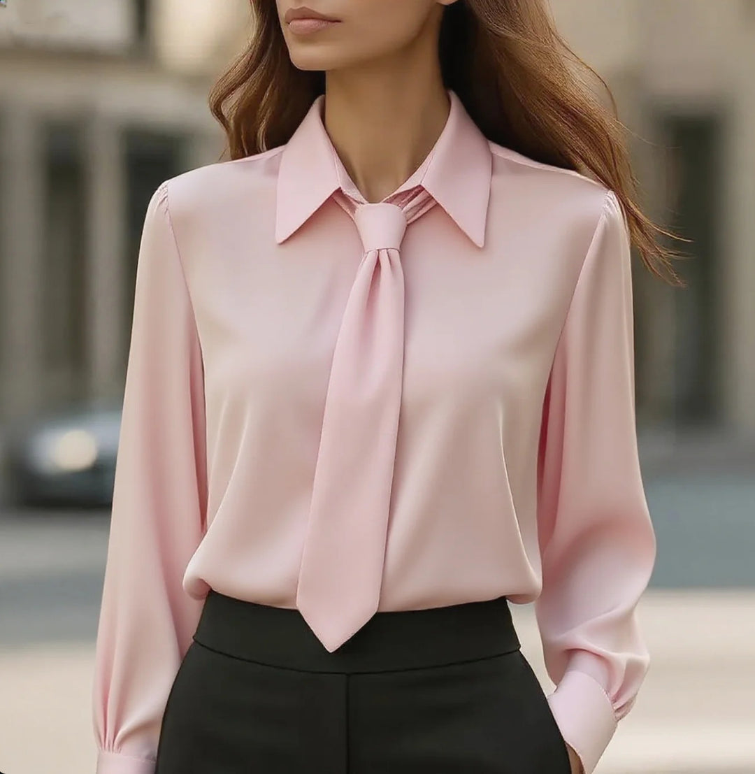 Damen Seidige Business Bluse mit Hemdkragen und integrierter Schleife Drune