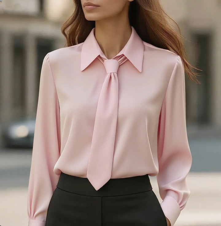 Damen Seidige Business Bluse mit Hemdkragen und integrierter Schleife Drune