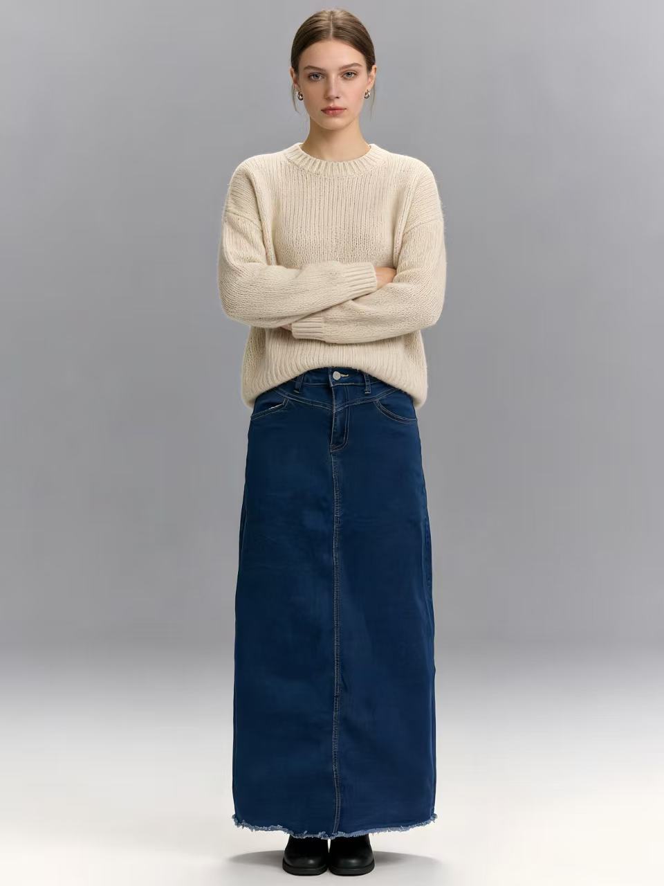 Damen nan langer High-Waist Denim-Maxirock mit gerader Silhouette und rohem Saum Drune