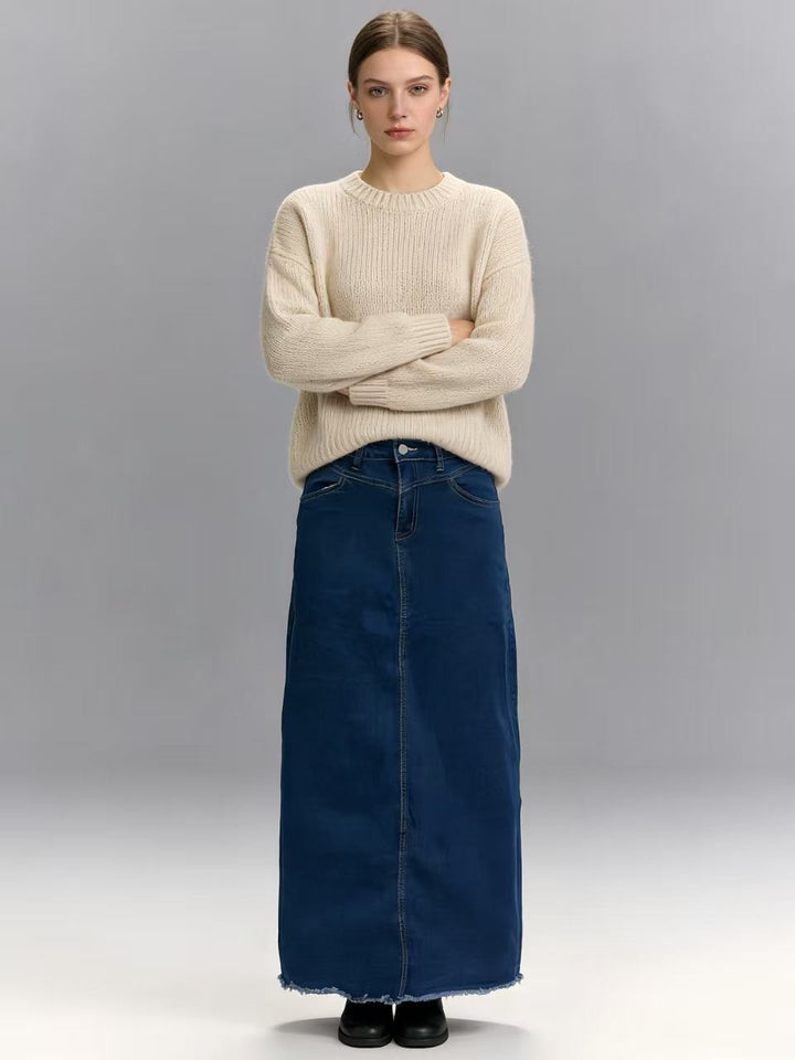 Damen nan langer High-Waist Denim-Maxirock mit gerader Silhouette und rohem Saum Drune