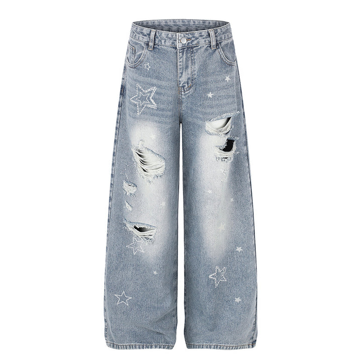 Damen Weite Distressed Palazzo-Jeans mit Stern-Stickerei Drune
