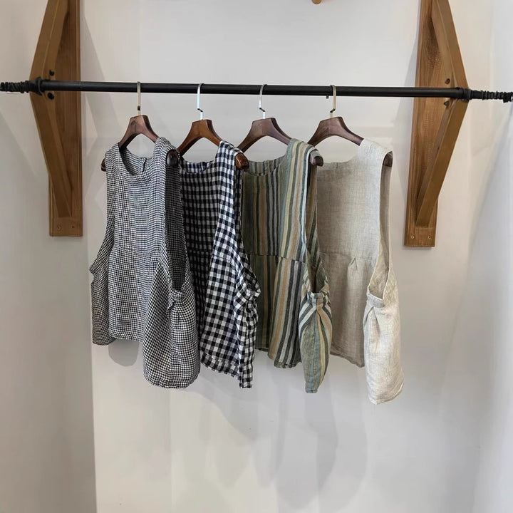 Damen Relaxed Fit Ärmelloses Leinenoberteil mit Seitentaschen Drune