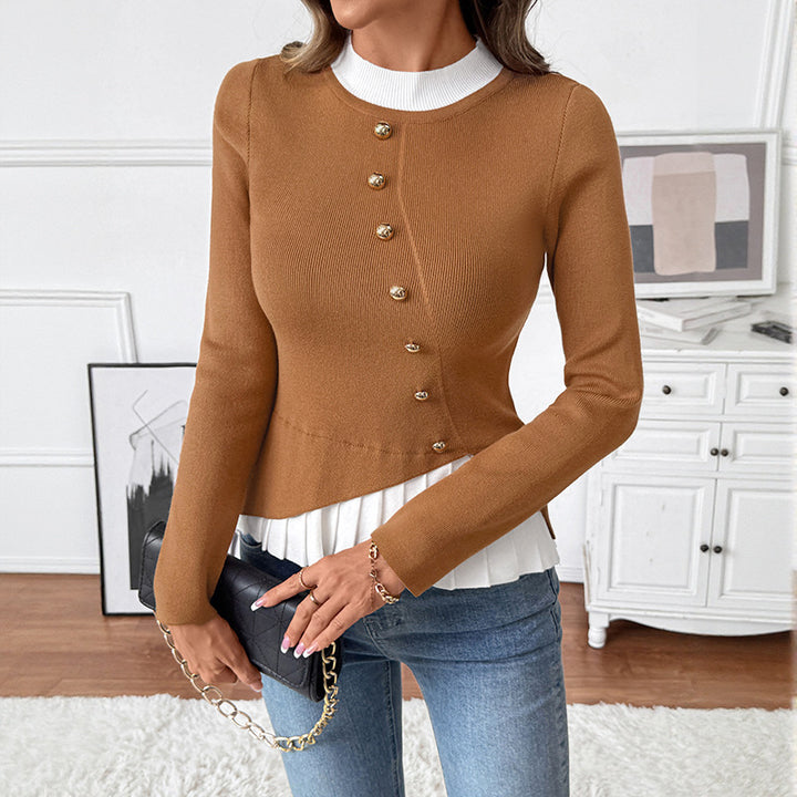 Damen Figurbetonter Strickpullover mit asymmetrischer Knopfleiste und Plissee-Layer Drune