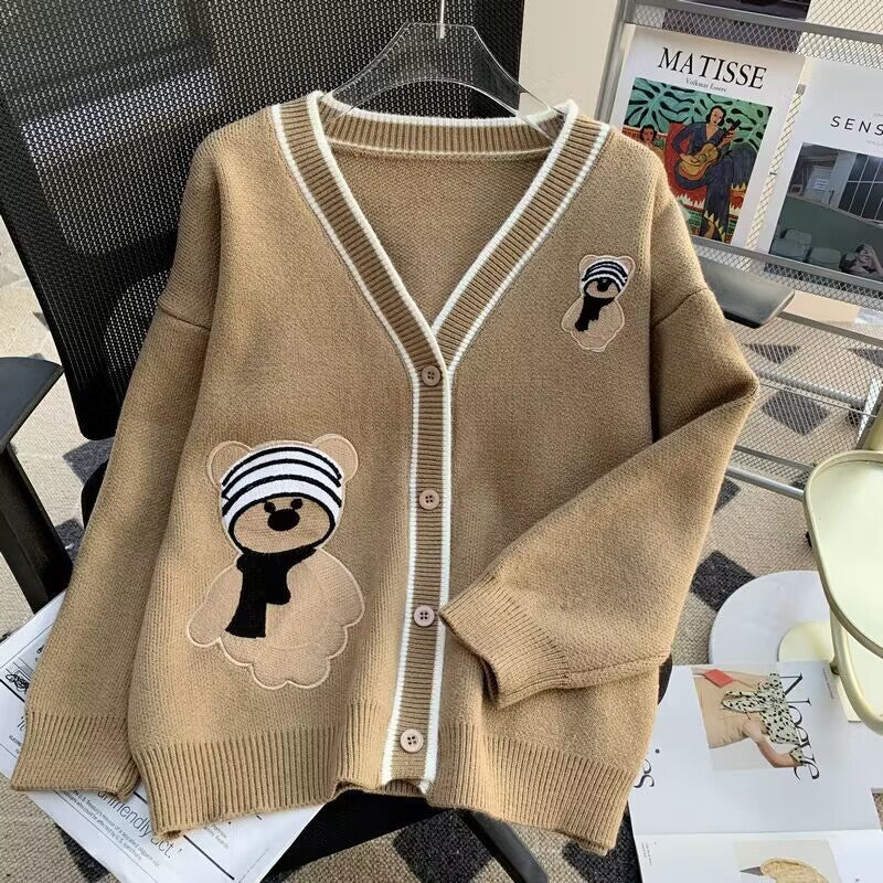 Damen Strickjacke mit Bärenapplikationen und Kontrastdetails Drune