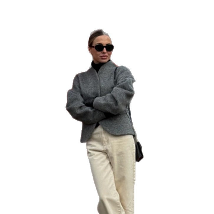 Damen Kurze Wolljacke mit Ballonärmeln und kastiger Silhouette Drune