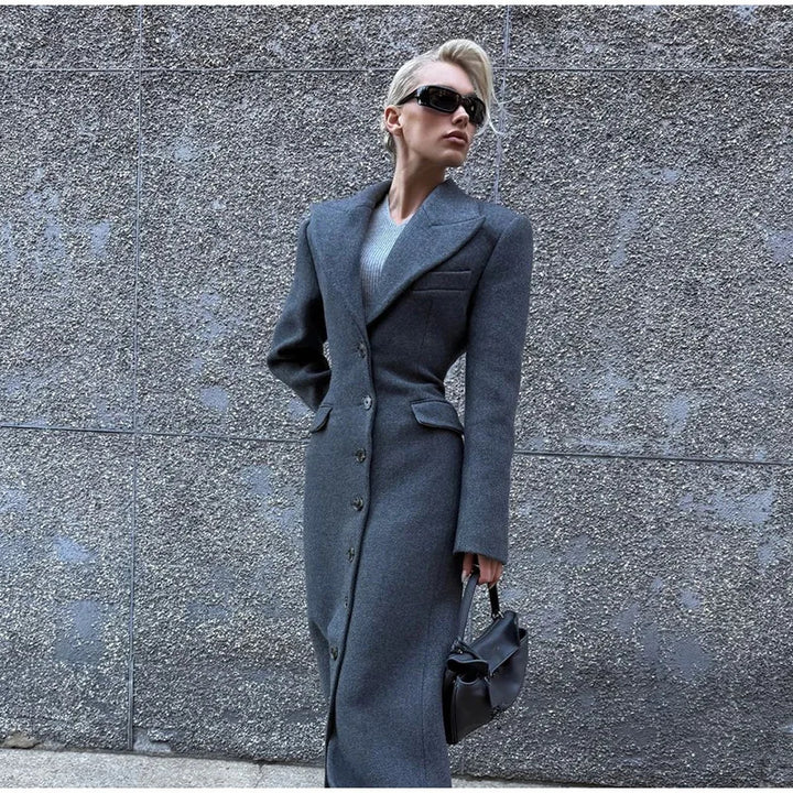 Damen Eleganter Wollmantel mit tailliertem Schnitt und langen Ärmeln Drune