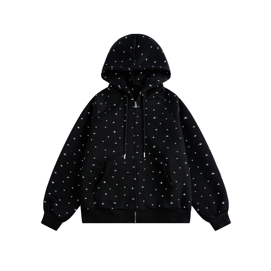 Unisex Oversize-Kapuzenjacke mit Sternchen-Print und durchgehendem Reißverschluss Drune