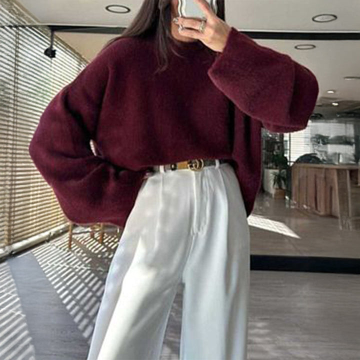 Damen nan kuscheliger Oversize-Strickpullover mit Rundhalsausschnitt und voluminösen Ballonärmeln Drune