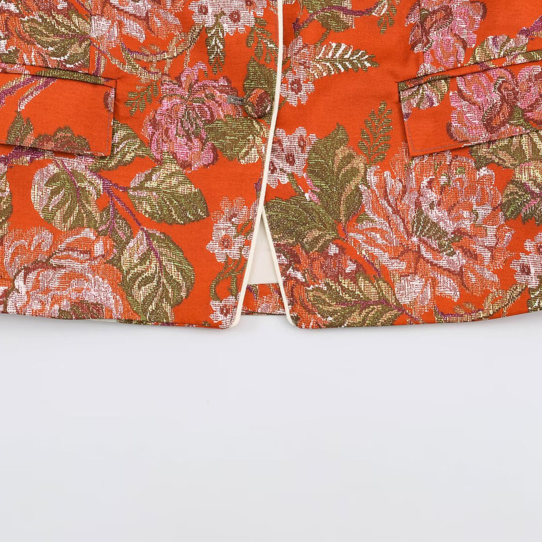 Damen Kurze Jacquard-Blazerjacke mit Blumenmuster und Stehkragen Drune