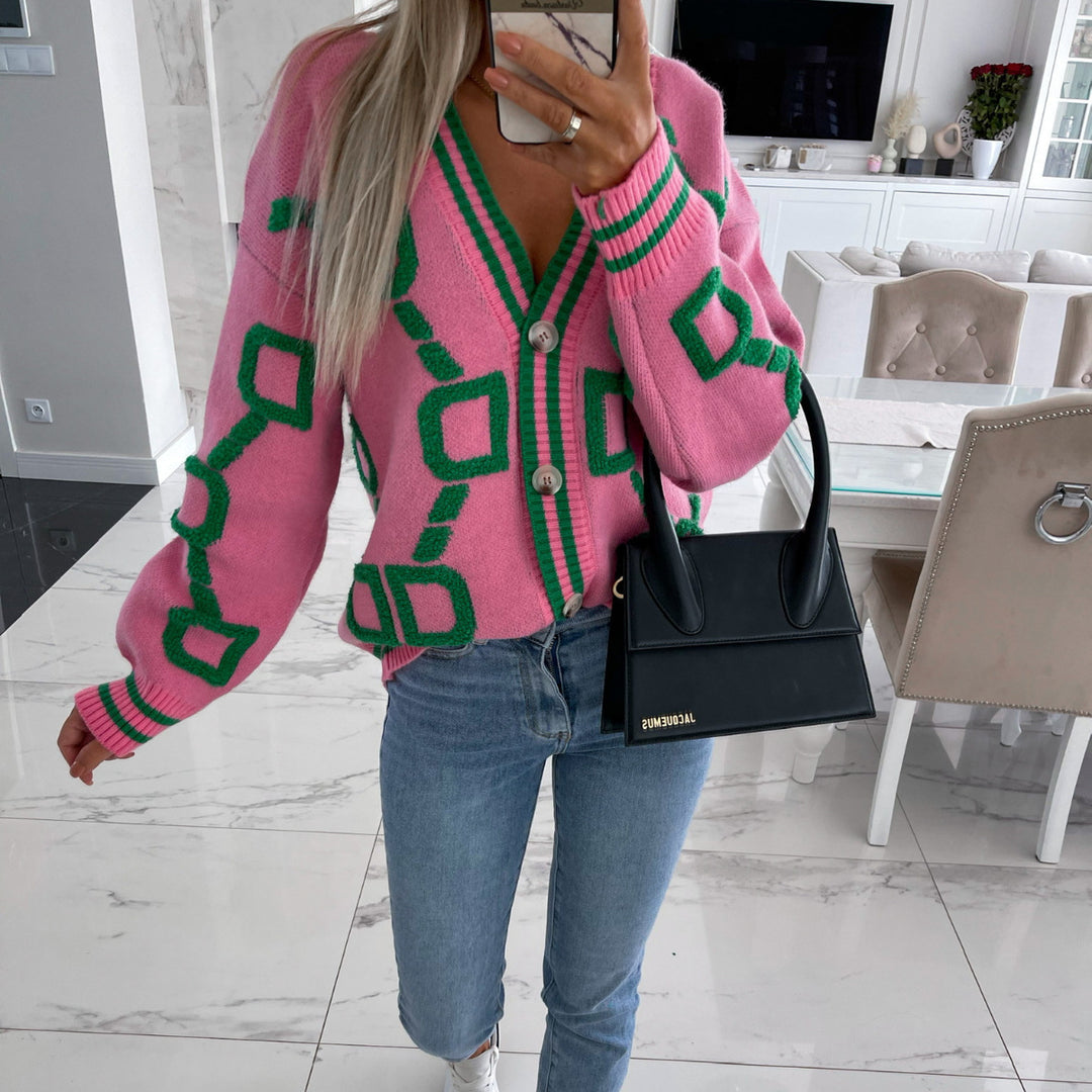 Damen Grobstrick-Cardigan mit 3D-Strukturmotiv, V‑Ausschnitt und Knopfleiste Drune