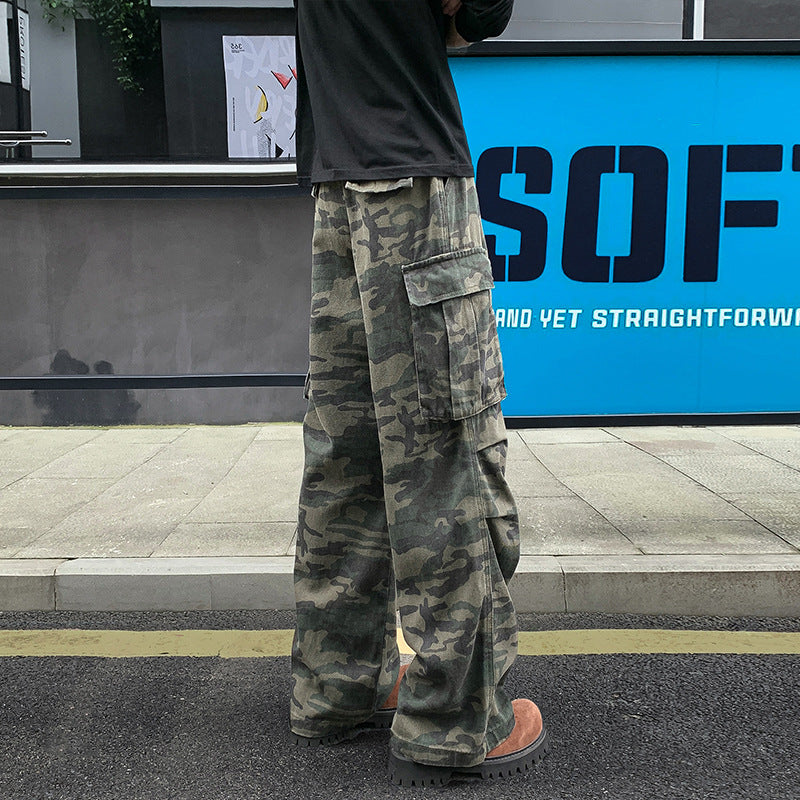 Herren Weite Camouflage-Cargohose mit tiefem Schritt, Multi‑Taschen und elastischem Bund Drune