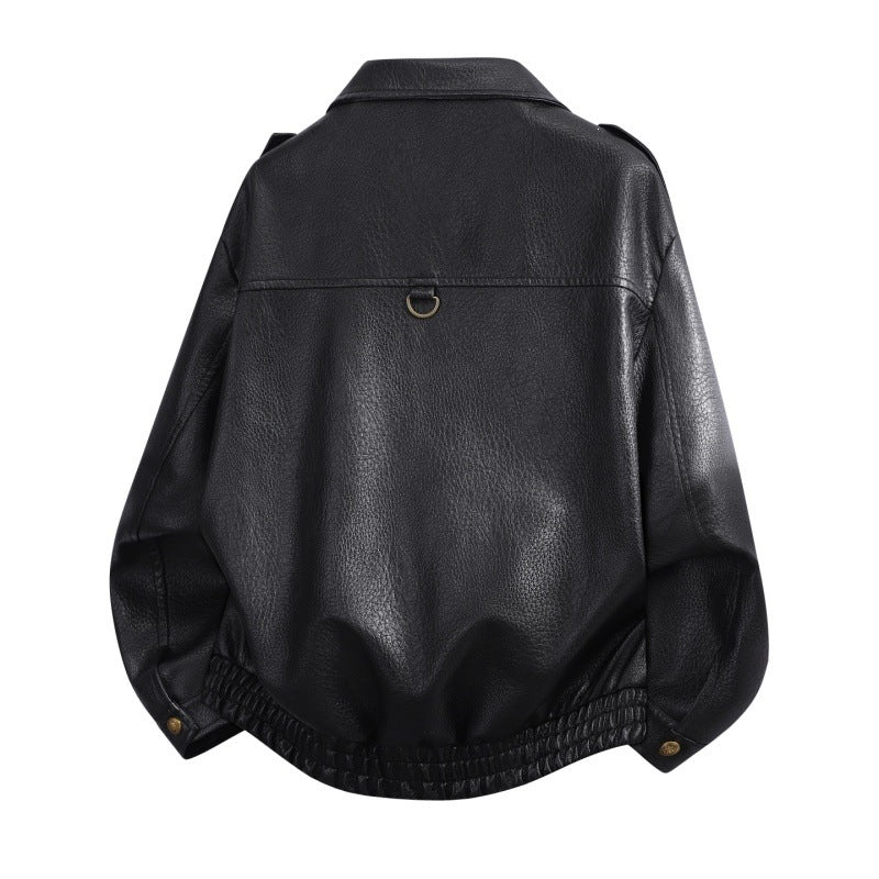 Herren Oversize Kunstleder-Bomberjacke mit Schulterklappen, elastischem Saum & Metallknöpfen Drune