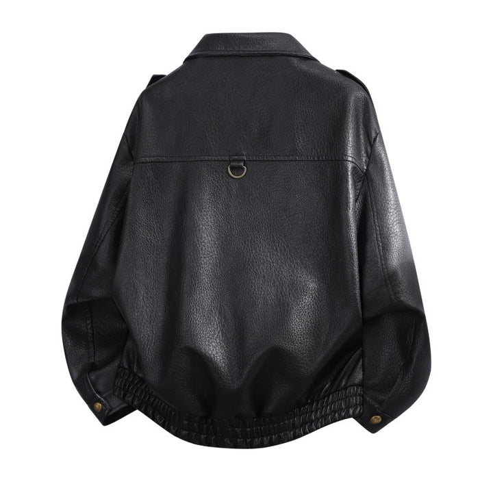 Herren Oversize Kunstleder-Bomberjacke mit Schulterklappen, elastischem Saum & Metallknöpfen Drune