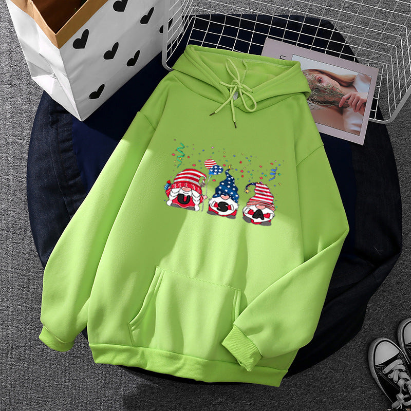 Damen nan Kapuzenpullover mit patriotischem Gartenzwerg-Print, angerautem Fleece-Innenfutter, Oversize-Schnitt und Kängurutasche Drune