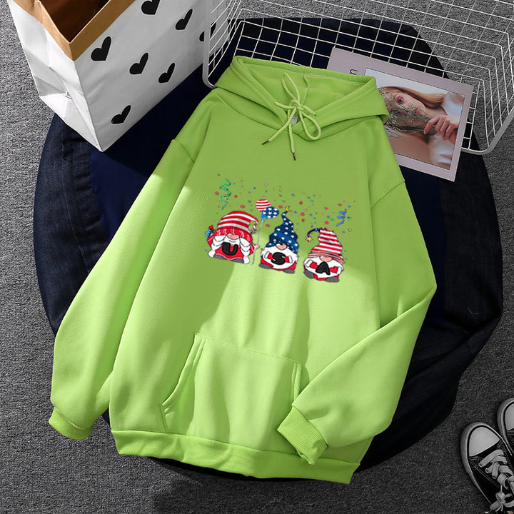 Damen nan Kapuzenpullover mit patriotischem Gartenzwerg-Print, angerautem Fleece-Innenfutter, Oversize-Schnitt und Kängurutasche Drune