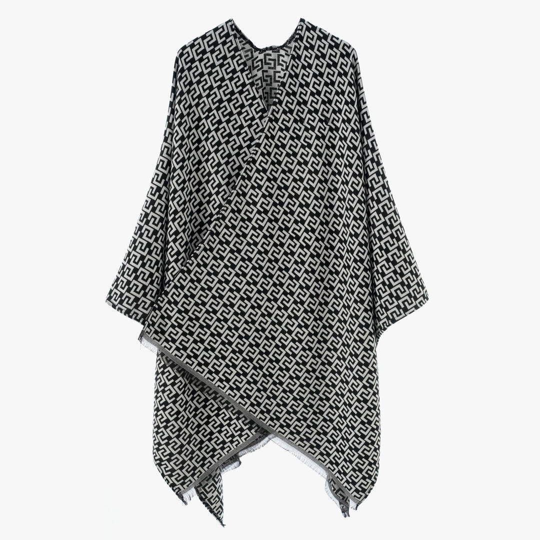 Damen Gewebter Jacquard‑Wickelponcho mit geometrischem Allovermuster und feinem Fransensaum Drune