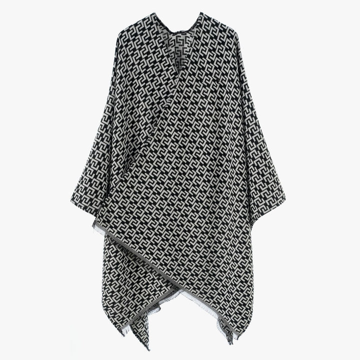 Damen Gewebter Jacquard‑Wickelponcho mit geometrischem Allovermuster und feinem Fransensaum Drune