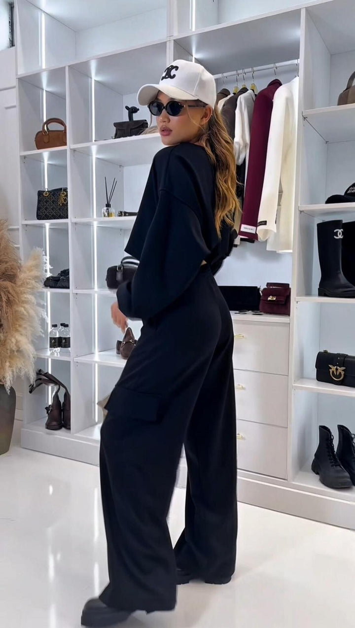 Damen kurzes Oversize-Sweatshirt mit weitem Cargo-Hose Lounge-Set Drune