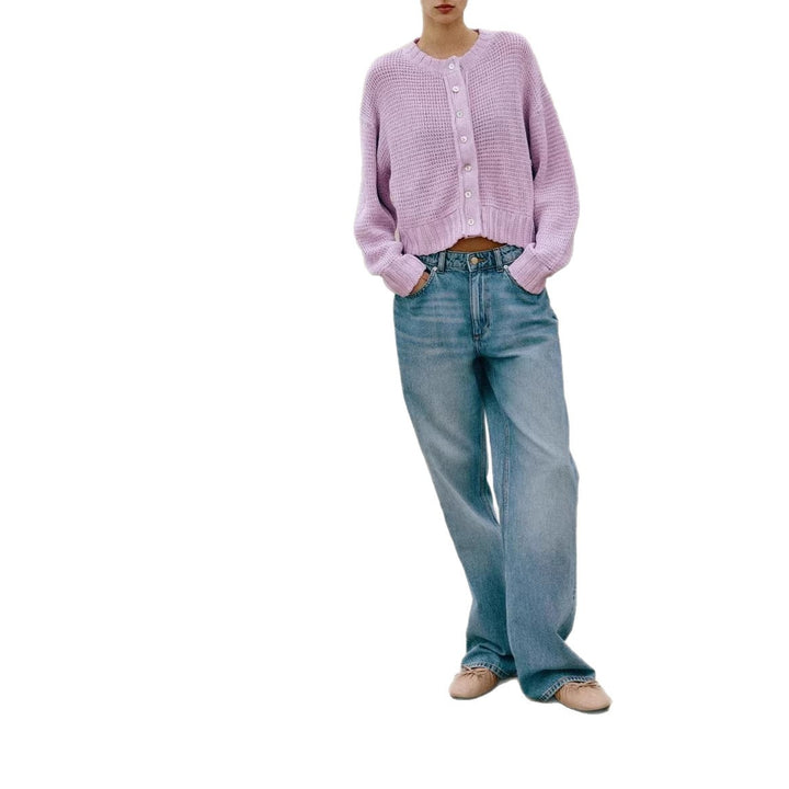 Damen Lockere Cropped-Strickjacke mit Knopfleiste und offener Struktur Drune