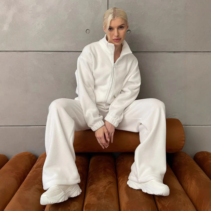 Damen Komfortables Fleece-Loungewear-Set mit kurzem Zip-Top und weiter High-Waist-Hose Drune