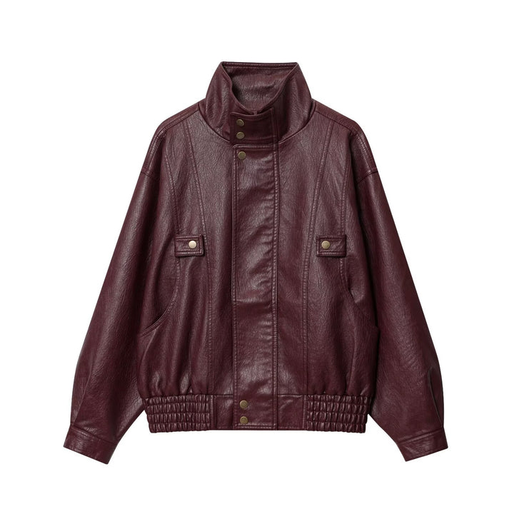 Damen lässige Kunstlederjacke mit hohem Kragen und Weitenregulierung Drune