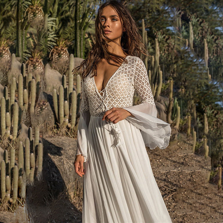 Damen Maxi-Umstandskleid mit eleganten Spitzenärmeln Drune