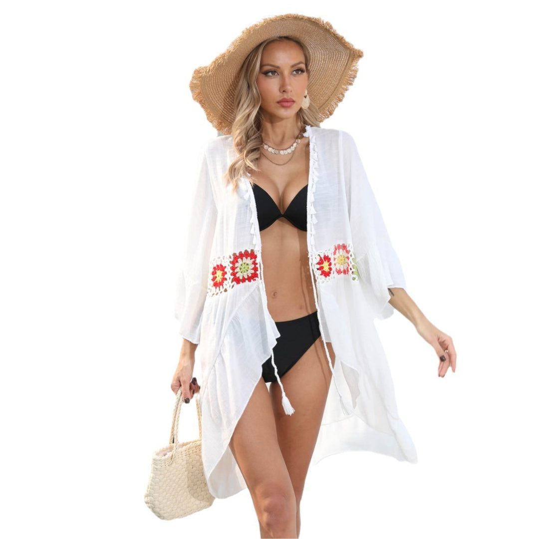 Damen eleganter Strandüberwurf mit floralem Häkelmuster Drune