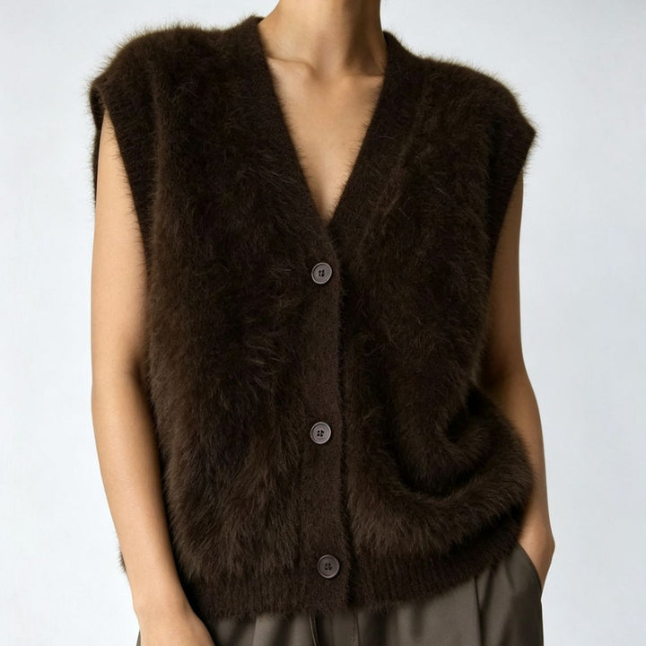 Damen Flauschige ärmellose Knopf‑Weste aus Mohairmix mit tiefem V-Ausschnitt Drune