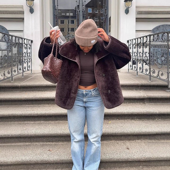 Damen Boxy-Fauxfur-Jacke mit voluminösem Schalkragen und kastiger Silhouette Drune