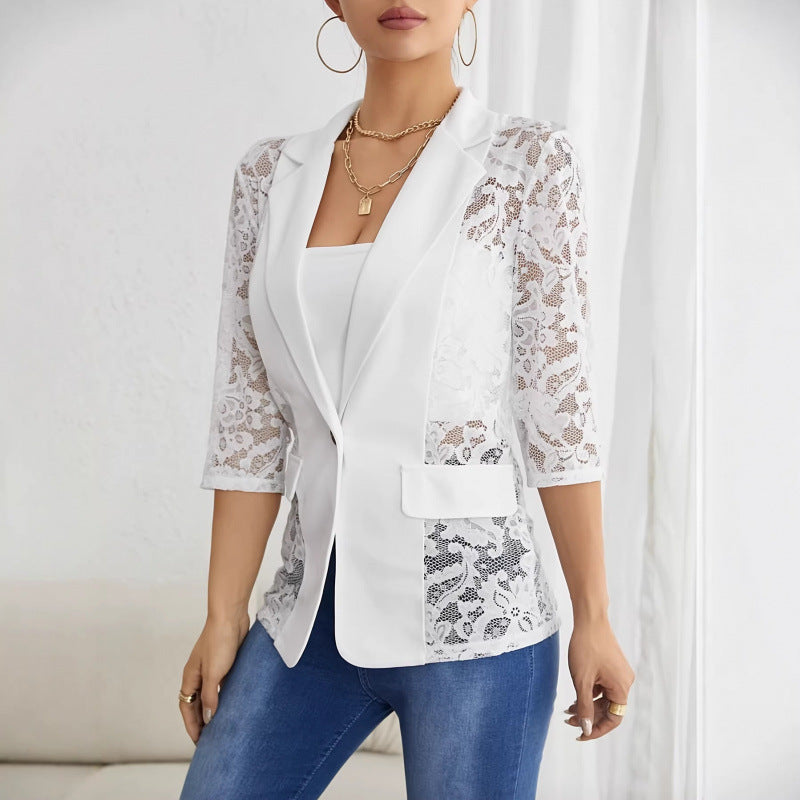 Damen Eleganter Blazer mit transparenten Spitzeinsätzen Drune