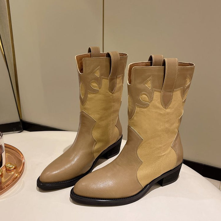 Damen Stiefeletten im Cowboy-Stil mit einzigartigem Design und kompaktem Absatz Drune