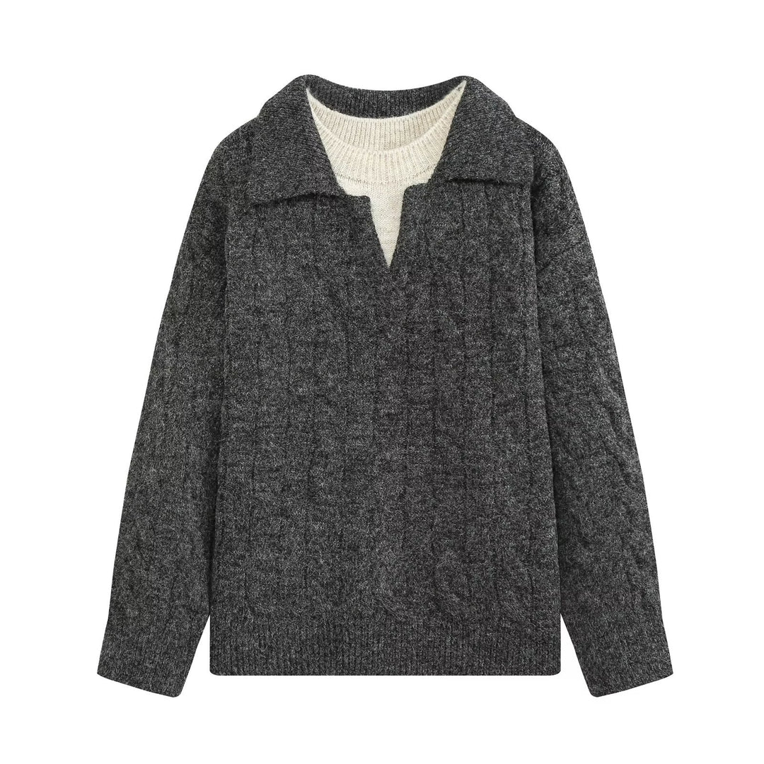 Damen Grobgestrickter Oversize-Pullover mit Polokragen und Zopfmuster Drune