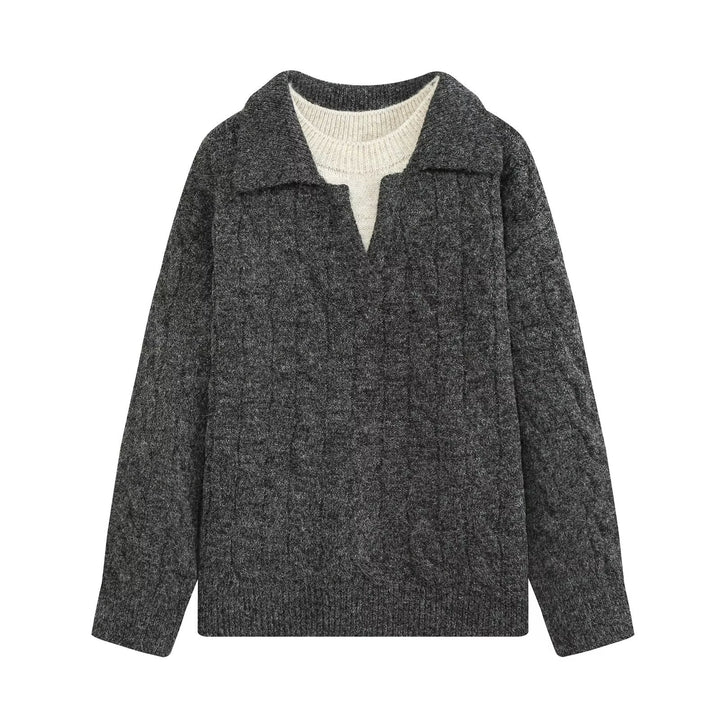 Damen Grobgestrickter Oversize-Pullover mit Polokragen und Zopfmuster Drune
