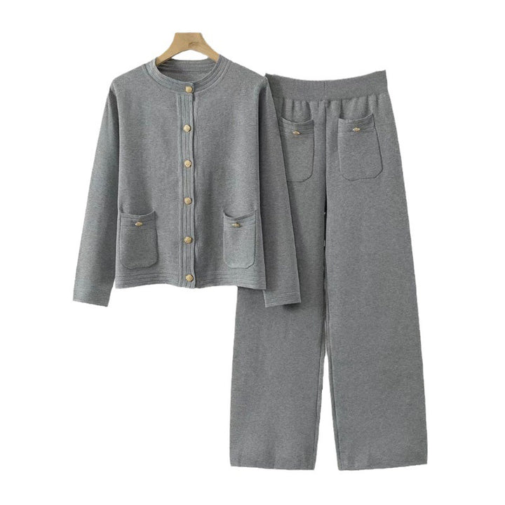 Damen gemütliches Strick-Loungewear-Set mit Knopfdetaillierung und aufgesetzten Taschen Drune