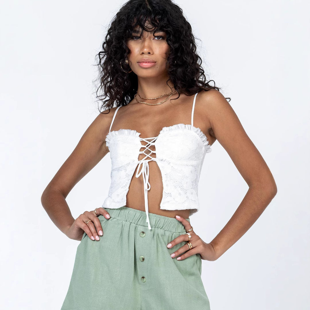 Damen Spitzen-Top mit Schnürung und Rüschendetail Drune