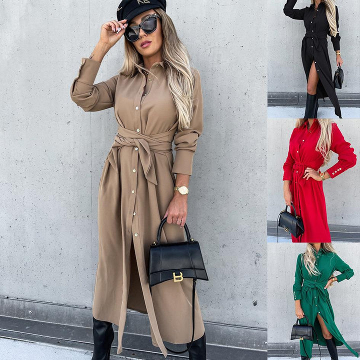 Damen Tailliertes Hemdblusen-Midikleid mit Bindegürtel, Manschetten und Frontschlitz Drune