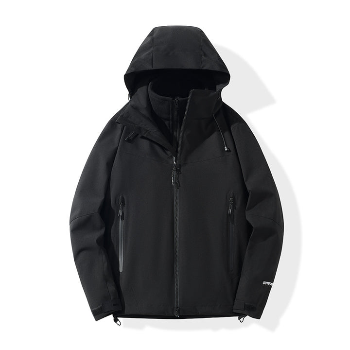 Herren Softshell-Hybridjacke mit Kapuze, getapten Reißverschlüssen und verstellbarem Saum Drune