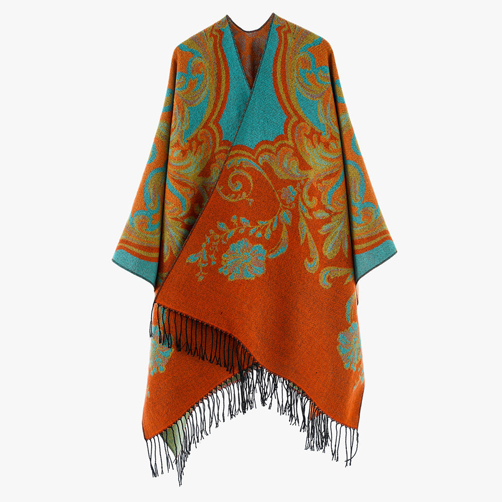 Damen Jacquard‑Poncho‑Überwurf im Barockmuster mit Fransen Drune