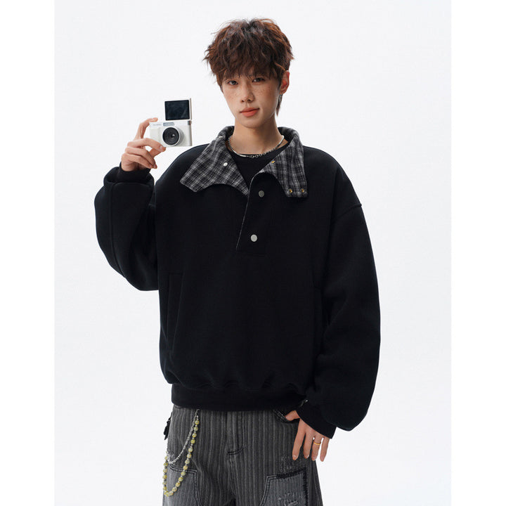 Unisex Oversized Sweatshirt mit abnehmbarem Karo-Kragen und Druckknopfleiste Drune